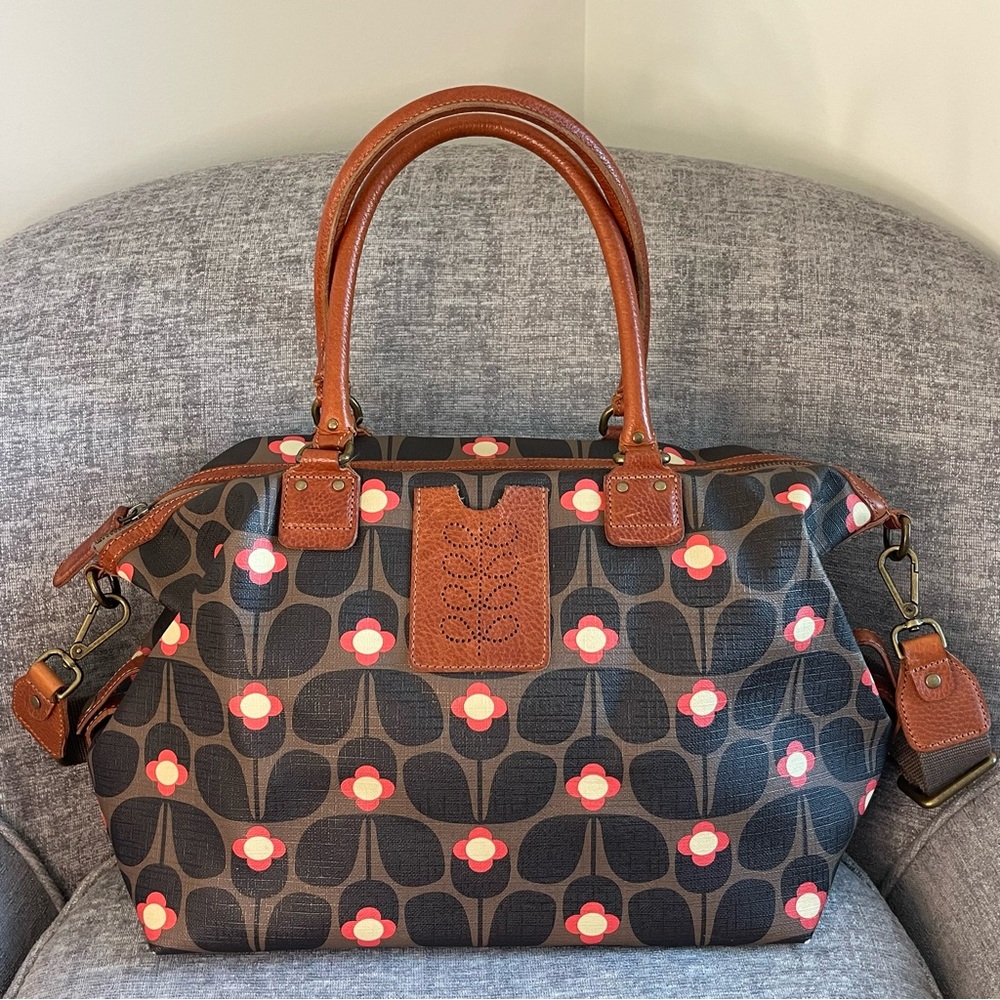 Orla Kiely Black and Brown Shoulder Bag with Red Floral Pattern